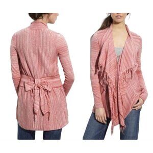 Free People Take a Bow cardigan sz L women Heathered pink waterfall fringe